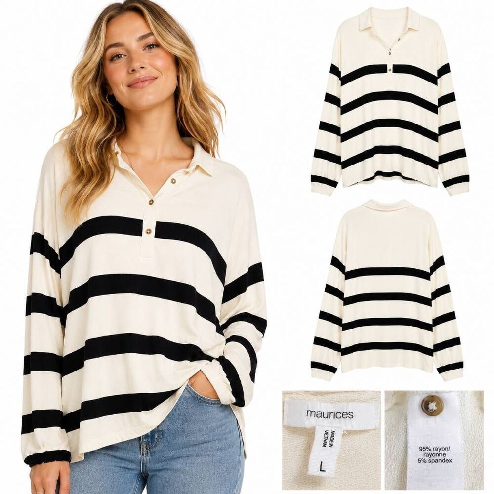 Maurices Ivory Black Striped Collared Button Top L